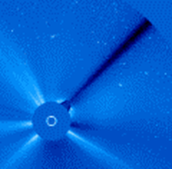This animated series of images from the Solar and Heliospheric Observatory shows Monday's coronal mass ejection emanating from the sun. The sun itself is blocked out so the area around it can be imaged. Toward the end, the image is covered with speckles, caused by solar protons hitting SOHO's detectors.