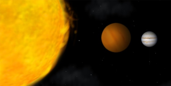An artist's conception shows comparative sizes of our sun at left, a brown dwarf in the middle, and Jupiter at right. New findings suggest that some of the presumed planets orbiting other stars may actually be more massive and more like brown dwarfs, also known as failed stars.