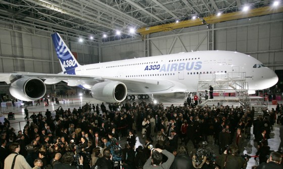 The A380 double-deck superjumbo, unveiled Tuesday, is the world's largest passenger plane.