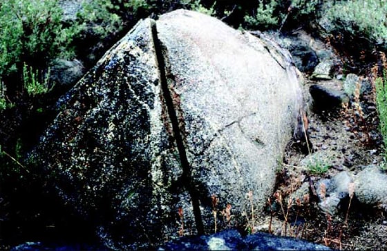 Morning sun falls on the right side of a rock, with a crack running through a north-south axis. Researchers suggest that differential solar heating causes such cracks, creating "natural compasses."