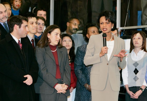 US Secretary of State Condoleezza Rice talks on first day at State Department