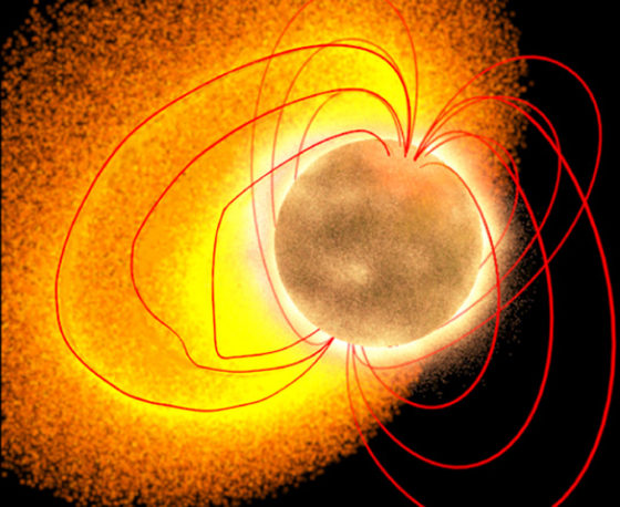An artist's conception shows magnetic field lines wrapped around a type of neutron star known as a magnetar.