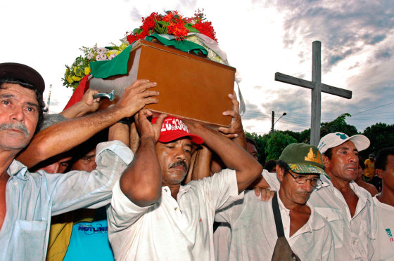 The coffin of American missionary Dorothy Stang is carried through Anapu, Brazil, on Monday.