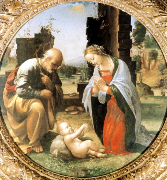 "The Adoration of the Christ Child'' dates to the end of the 15th century or the beginning of the 16th century. In the past, the painting has been attributed to Fra Bartolomeo, but restorers say that a centuries-old fingerprint found fixed in the paint could indicate that Leonardo da Vinci had a hand in creating the work.
