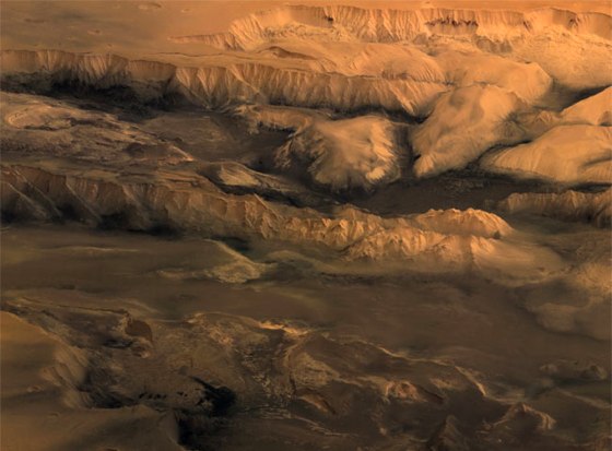This perspective image, taken by the High Resolution Stereo Camera on board ESA’s Mars Express spacecraft, shows the central part of the Valles Marineris canyon on Mars.