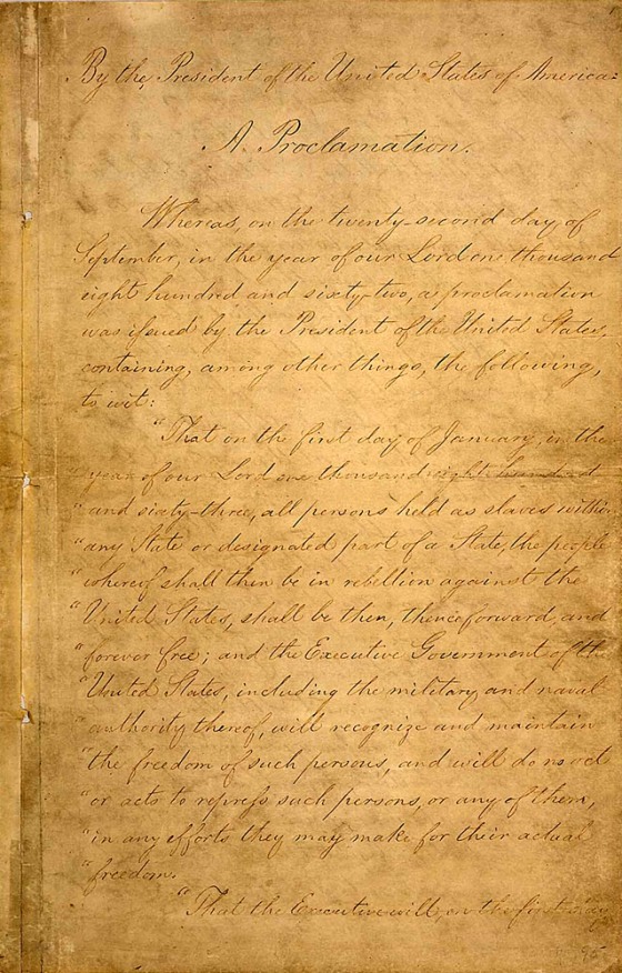 The first page of the Emancipation Proclmation goes on display at the National Archives as part of Black History Month celebrations. The poor quality of the paper and ink on the final draft make it vulnerable to light, so it has been only occasionally brought out of storage.