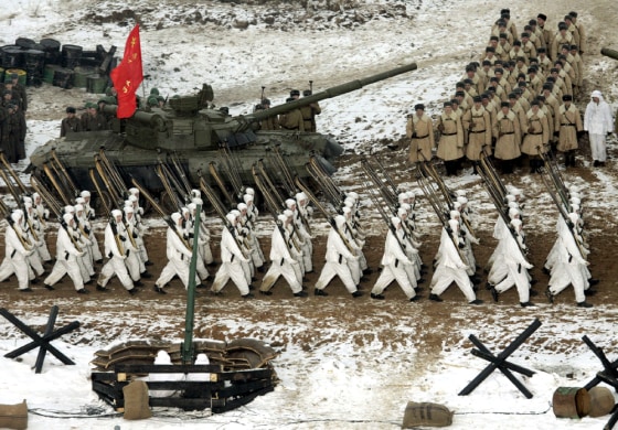 Russian Army soldiers marches during the military show reenacting the World War II Moscow defense