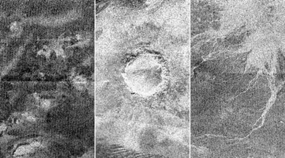 These radar images of Titan were taken by Cassini as it flew by the Saturn moon on Feb. 15. The image at left shows a complex of bright hills and ridges surrounded by a dark plain; the one in the center shows an impact crater about 60 kilometers (37 miles) in diameter. The image at right shows channels similar to what was found at the Huygens landing site.