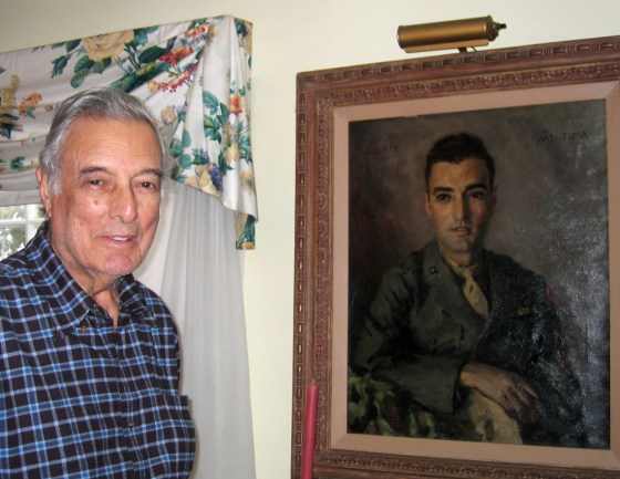 Marine combat correspondent Alvin M. Josephy Jr. at his Greenwich, Conn., home, next to a portait painted shortly after his return from Iwo Jima.