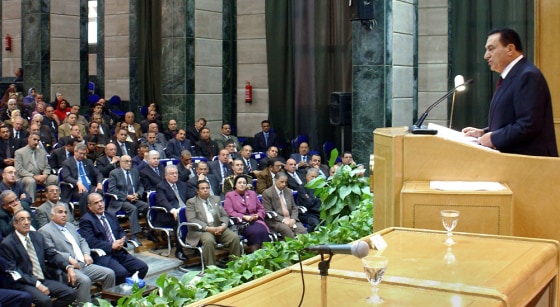 Egyptian President Hosni Mubarak announces political reforms while at Menoufia University in Cairo, Egypt, on Saturday.