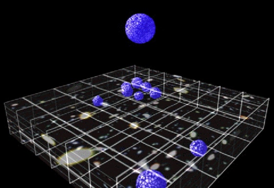 In this artist's conception, the blue ball represents a graviton escaping from the three spatial dimensions that define our universe, into a hard-to-visualize extradimensional space.