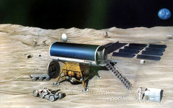 An artist's concept shows a Japanese moon base, surrounded by equipment.