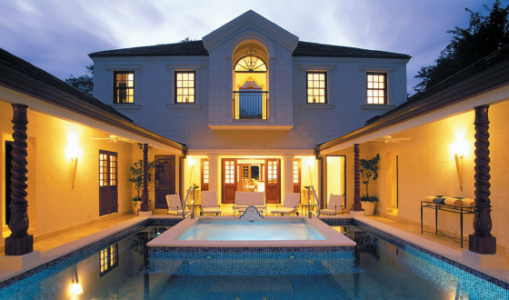 The Villa at Sandy Lane is a butler-serviced compound built around a courtyard pool.