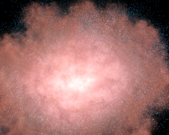 This artist's conception shows what a dusty and bright galaxy located billions of light-years away might look like close up if viewed in infrared light.