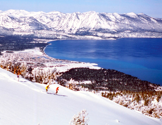 Skiers make their way down the slopes at Heavenly Ski Resort in South Lake Tahoe, California.