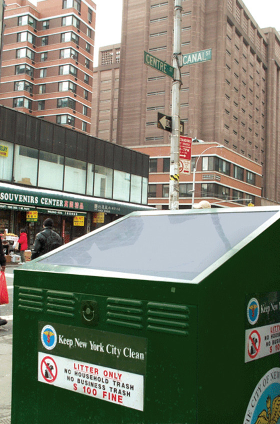 New York City is testing this BigBelly trash can and compactor at various locations. The unit compacts trash using power from solar cells on top.