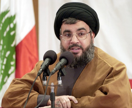 Sheik Hassan Nasrallah, leader of Hezbollah, speaks during a Sunday press conference in Beirut, Lebanon. Nasrallah called for a peaceful demonstration Tuesday in central Beirut to show loyalty to Syria. But as the Syrian army is being driven out of Lebanon under international pressure, the militant group is feeling pressure as well.