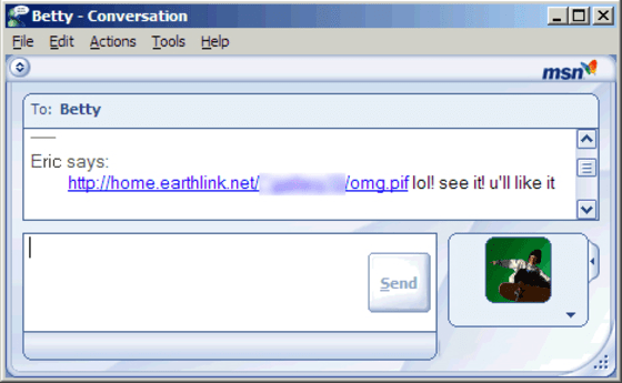 This may look like an innocent IM message, but it's really the first part of a Trojan horse trap set by the Kelvir worm.