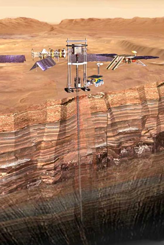 An artist's conception shows a drilling operation designed to probe Mars' deep subsurface. Astrobiologists say microbes could find a suitable environment in caves or even rock fractures, protected from ultraviolet radiation.