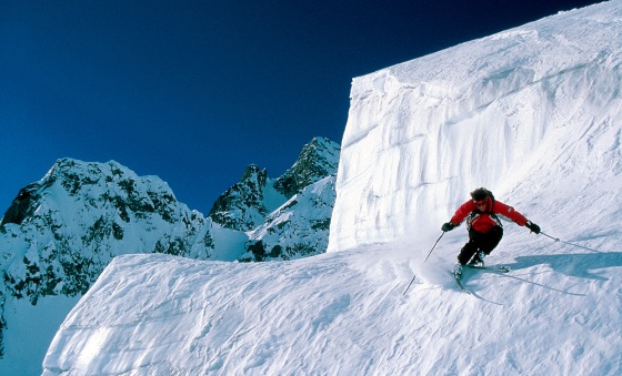 A skiier makes his way down a mountain in Courmayeur, Italy.
