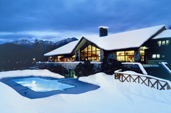 Main lodge and pool at the Fairmont Jasper Park Lodge.
