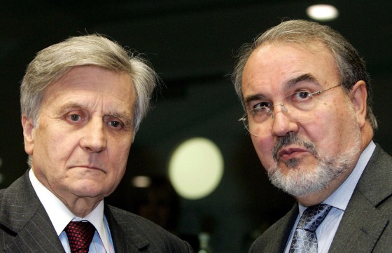 ECB President and Spanish Finance Minister Solbes attend a EU finance ministers meeting in Brussels