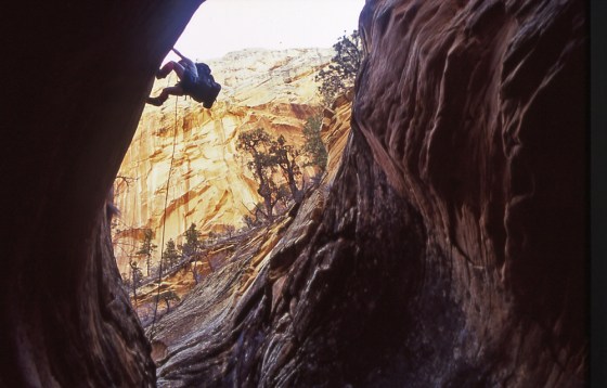 Peter Yeomans rappels down to the floor of Death Hollow on the third day of a hike down the canyon, located in the southwestern corner of Utah -considered one of the more challenging canyon hikes in the region.