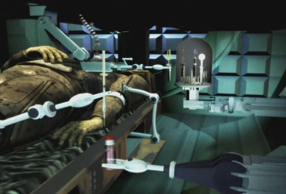 Computer illustration from promotional material provided by SRI International showing an idealized image of a robotic doctor that treats wounded soldiers on the battlefield.