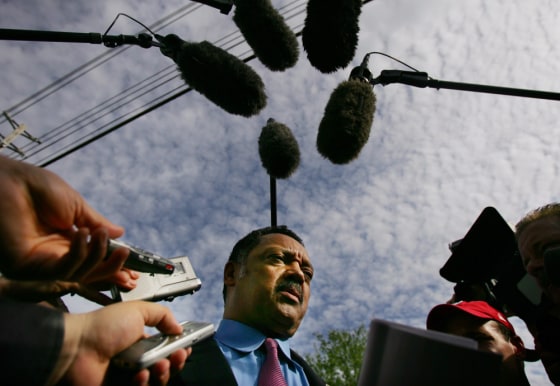 Reverend Jesse Jackson speaks to the media in front of the Woodside Hospice