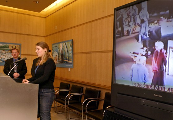 Bera von Hagens, daughter of German anatomist Gunther von Hagens, speaks Tuesday during a news conference announcing&nbsp;the theft of a 13-week-old fetus from "Body Worlds 2: The Anatomical Exhibition of Real Human Bodies."&nbsp;Surveillance camera footage, seen at right, captured two women removing the fetus from an unlocked display case in the California Sciences Center.