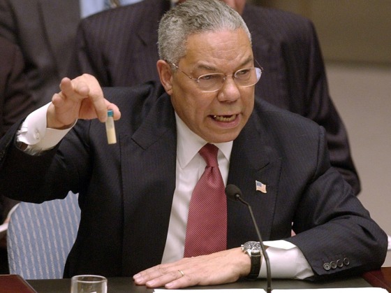 Secretary of State Colin Powell holds up a vial he said could contain anthrax as he presents evidence of Iraq's alleged weapons programs to the United Nations Security Council in this Feb. 5, 2003 file photo.