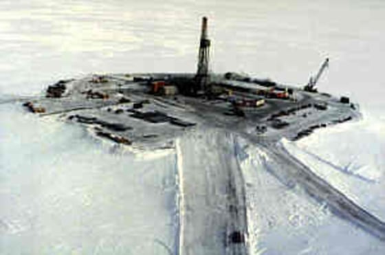 Drilling in the Beaufort Sea off the Arctic National Wildlife Refuge would look something like this — an island platform built in winter by driving equipment over the ice.