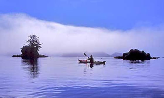 Sea fog lifts during a mid-morning departure from Dodd Island.