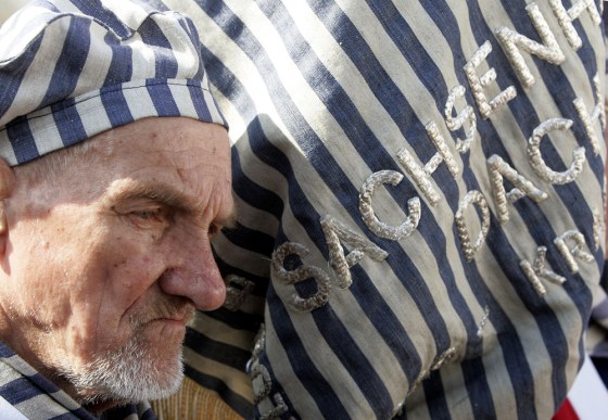 Concentration camp survivor Jerzy Milewski takes part in the commemoration ceremony on the 60th anniversary of the liberation of the Nazi concentration camp of Sachsenhausen in Oranienburg near Berlin, Sunday.