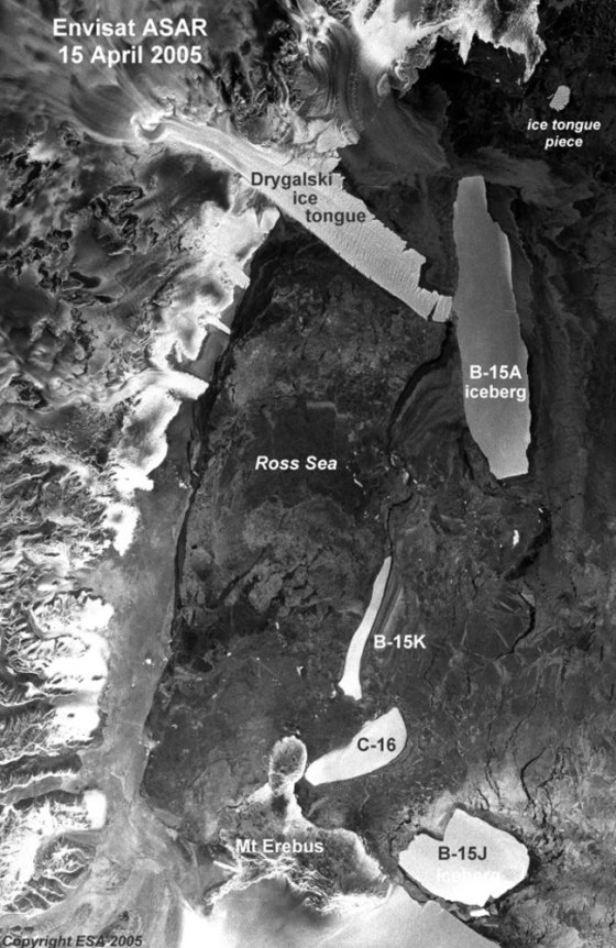 A broad view of McMurdo Sound on April 15 reveals a chunk (upper right) broken from the Drygalski ice tongue and another crack at the end of the tongue where the iceberg B-15A has hit it.