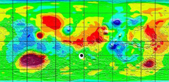 This map shows gravity readings for regions of Mars, reflecting surface elevation. The black dot indicates the center of a great circle of impacts and may represent the planet's ancient south pole.