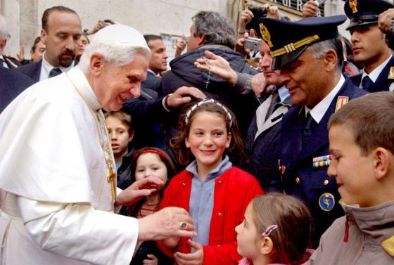 Pope Benedict XVI greets crowd outside his residence in the Vatican
