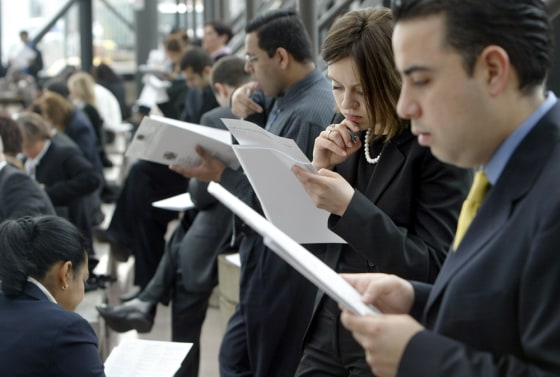 Graduating students and alumni from the City University of New York check interview materials as they prepare to attend a job fair last month. Job-seekers found more opportunity last month as employers added a net 274,000 jobs nationwide, far more than forecast. 