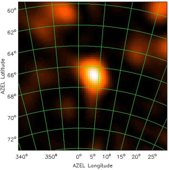 A false-color radio map of the sky above the LOPES experiment at the time of a cosmic ray hit. The bright blob in the center of the image is the radio flash, which lasts for about 30 billionths of a second.