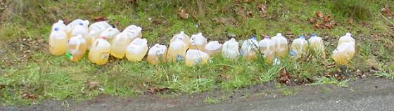 A road crew in Washington state collected these jugs of urine. In one year, a single, small county in the state collected 2,666 jugs.