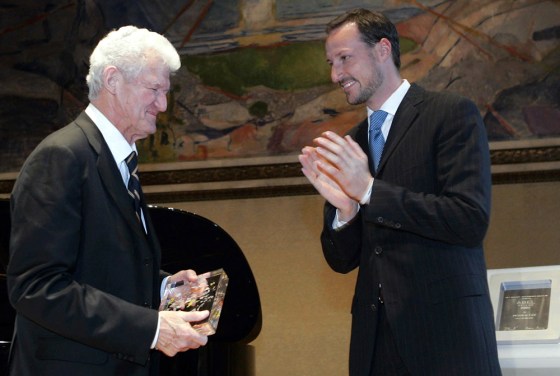American mathematician Peter Lax, left, receives the $980,000 Abel Prize in mathematics from Norwegian Crown Prince Haakon during a ceremony in Oslo on Tuesday.