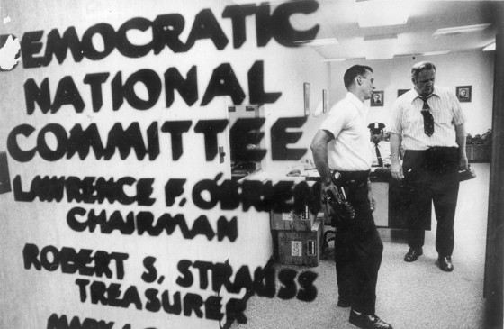 Police and telephone men check out the Democratic National Committee headquarters in Washington, D.C., on the Saturday after five men were arrested during the Watergate break-in. 