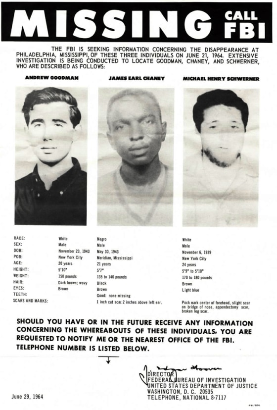 The FBI distributed this poster in June 1964 announcing the disappearance of Goodman, Chaney and Schwerner. Their murders galvanized the civil rights movement.
