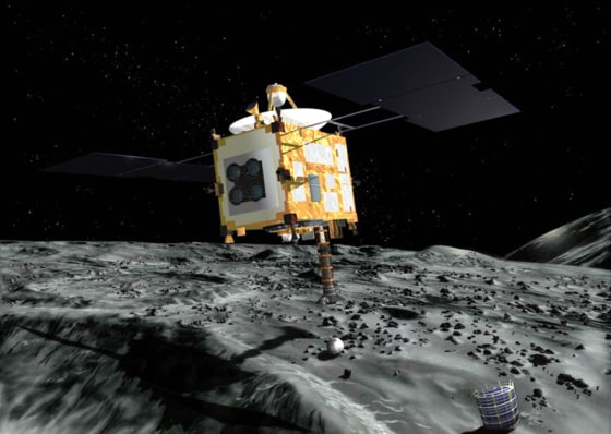 In this artist's conception, the Hayabusa probe prepares to collect material from the asteroid Itokawa. A softball-sized sensor deposited on the asteroid provides navigational data. The probe's "collection horn" will be placed on the suface, then a bullet will be fired into the dirt, scattering debris into the collection chamber.