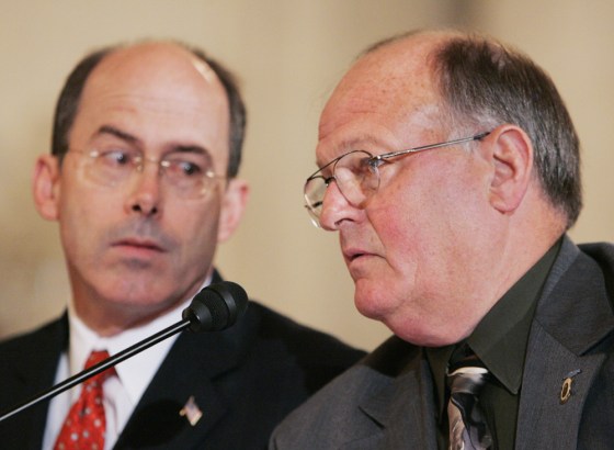 Pentagon Inspector General Joseph Schmitz, left, watches his deputy, Thomas Gimble, as they testify in a congressional hearing Tuesday. In a highly critical report, Schmitz found that the Air Force violated its own procurement rules in a push for a a now-canceled deal to acquire Boeing Co. refueling airplanes.