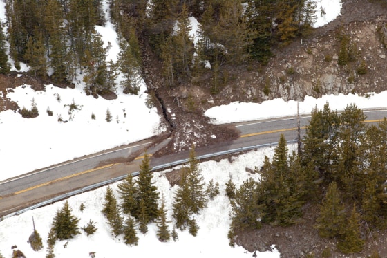 One of 13 sections of Montana's Beartooth Highway hit by landslides is seen shortly after the slides in late May.