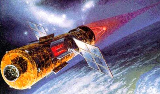 An artist's conception shows a space-based laser in action.