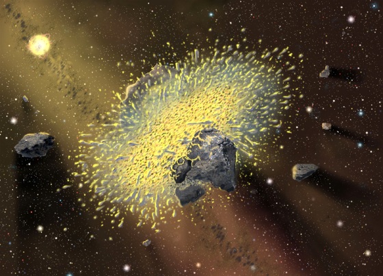 An artist's rendering of cosmic collisions surrounding a star similar to the sun