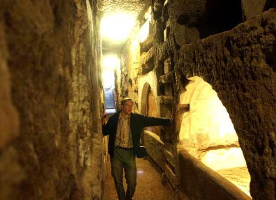 Leonard Rutgers stands in the Jewish Villa Torlonia catacomb, which he and his colleague have determined was begun a century before the oldest Christian catacombs in Rome.