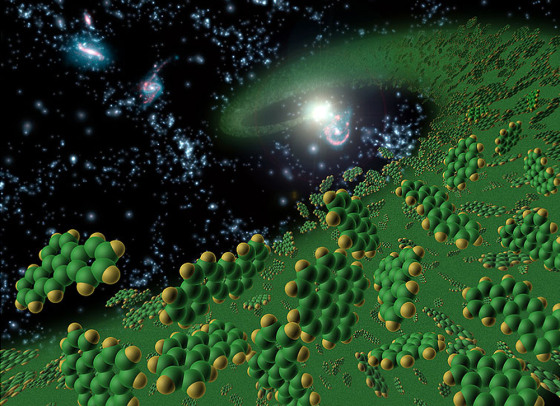 An artist's conception symbolically represents the complex organic molecules, known as polycyclic aromatic hydrocarbons, that have been detected in the early universe.